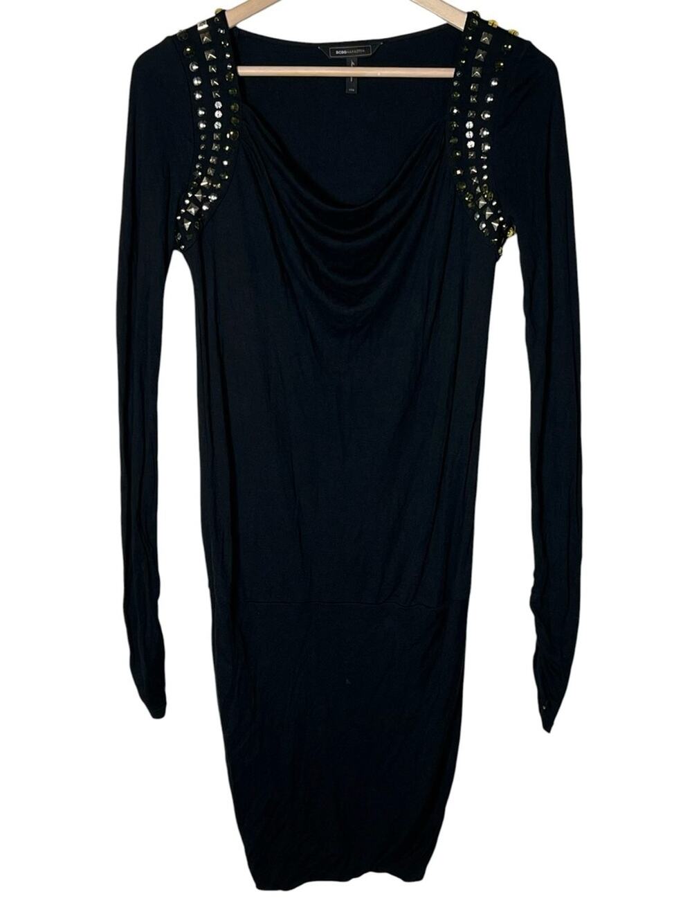 BCBGMAXAZRIA Stud-Embellished Black Long-Sleeve Dress size XXS B123